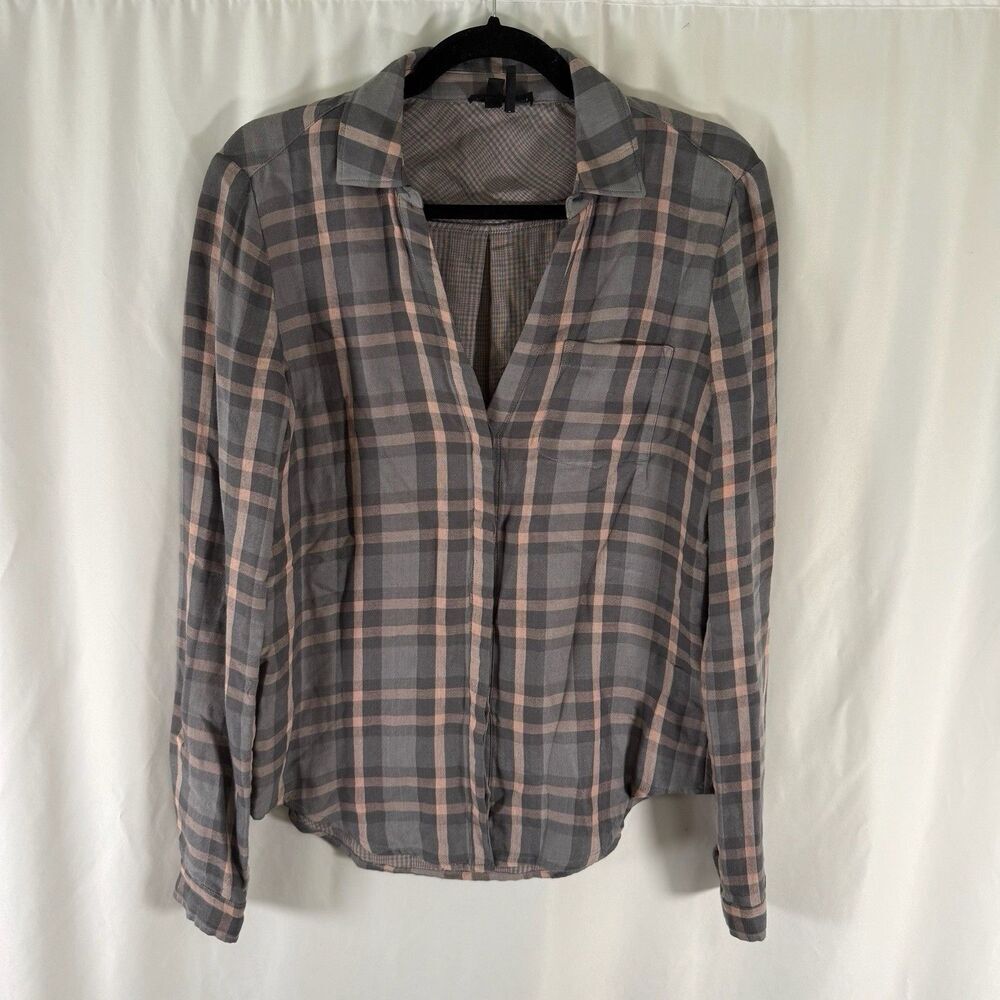 Paige Blouse Women's XS Grey Pink Plaid Button Up Collared Long Sleeve